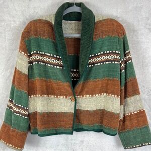 Vintage Southwestern Chenille Shawl Collar Jacket Green Brown Striped Boho XL